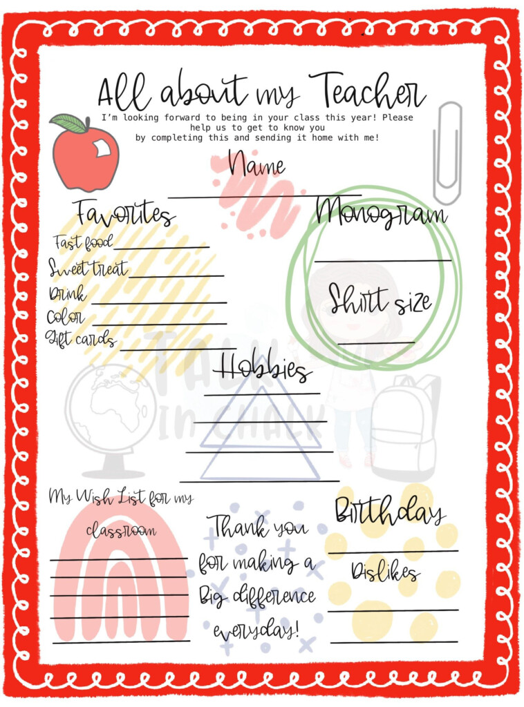 All About My Teacher Survey Back To School Teacher Questionnaire 