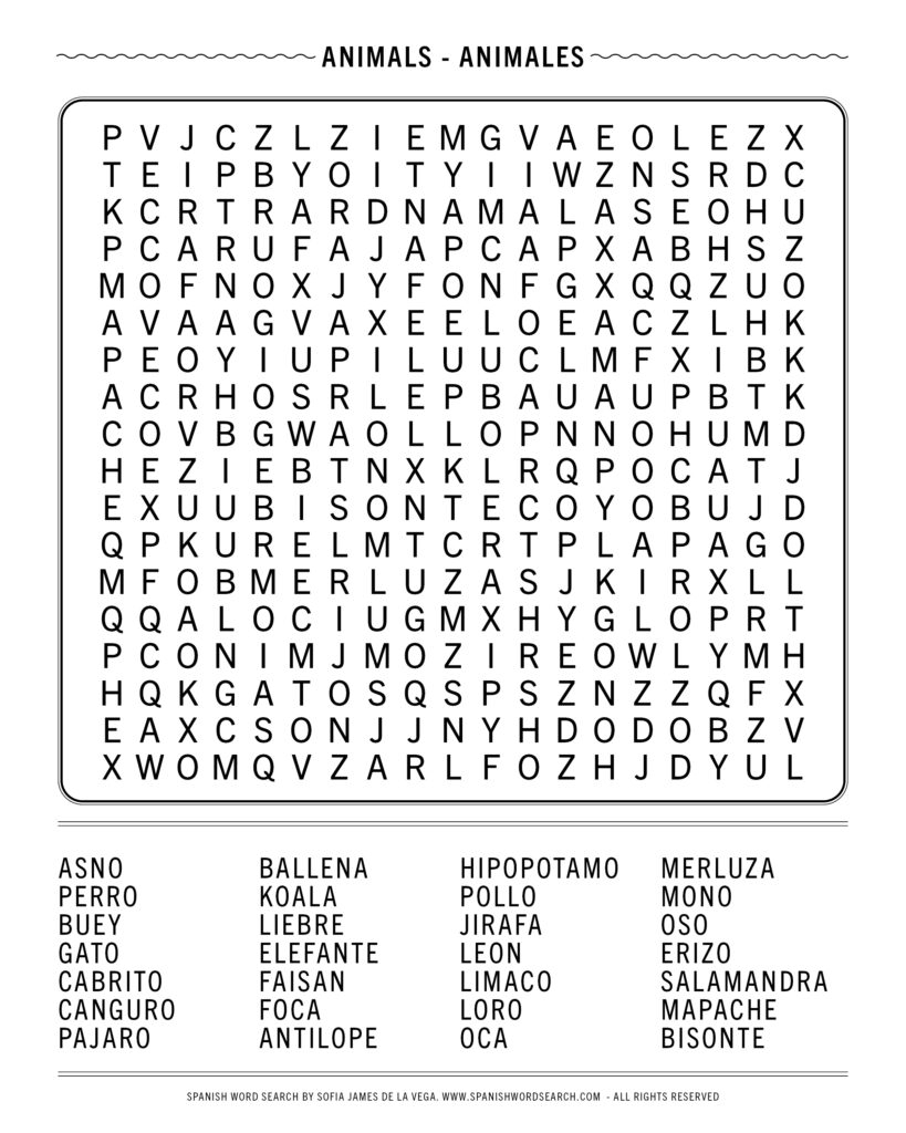 Animals In Spanish Word Search A Free PDF Puzzle About Animals