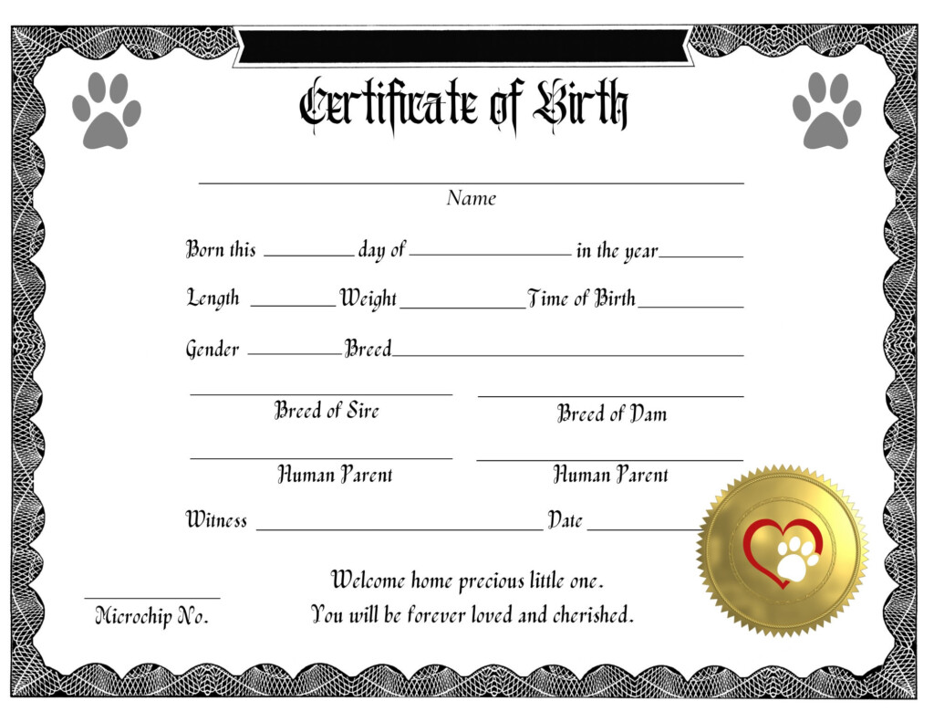 Downloadable Fillable Puppy Birth Certificate Template