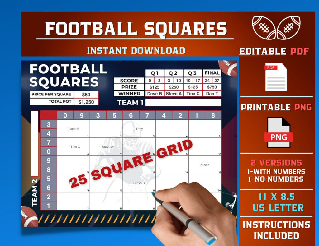 Football Squares 25 Square Grid Editable PDF Template Printable PNG 