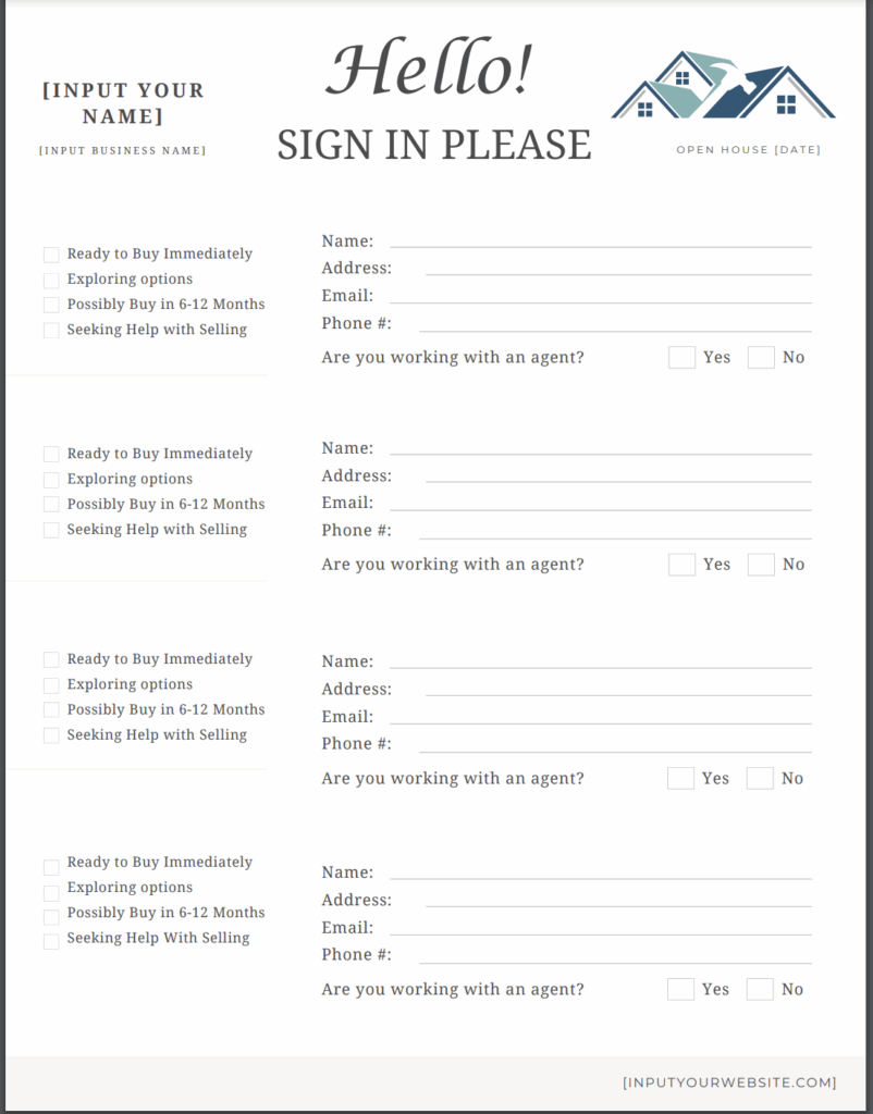 Free Open House Sign in Sheet Printable Download PDF 