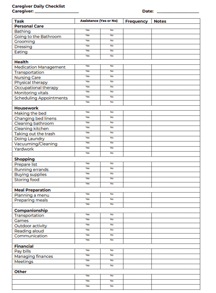Free Printable Caregiver Daily Checklist Template