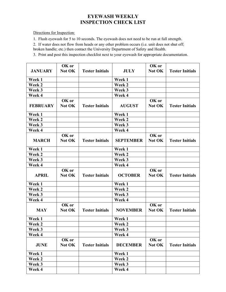 Free Printable Eye Wash Station Inspection Sheet