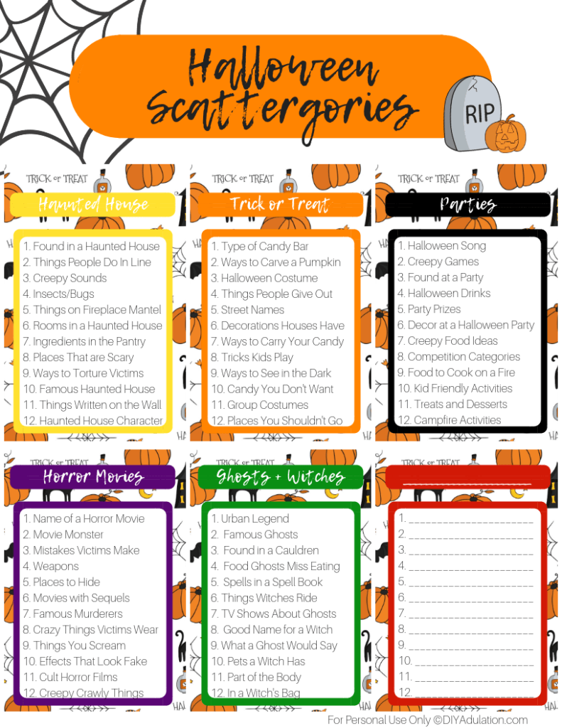 Free Printable Halloween Scattergories Game DIY Adulation