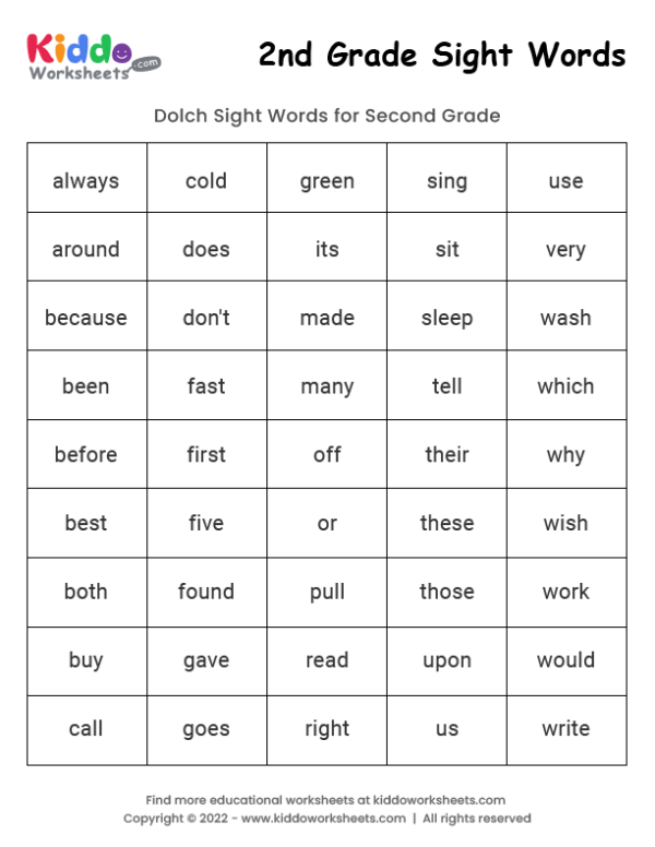 Free Printable Sight Words 2nd Grade Worksheet Kiddoworksheets 