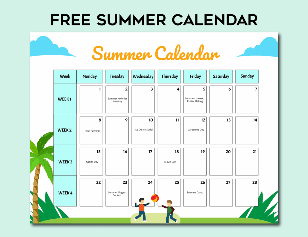 Free Summer Calendar Templates Editable And Printable