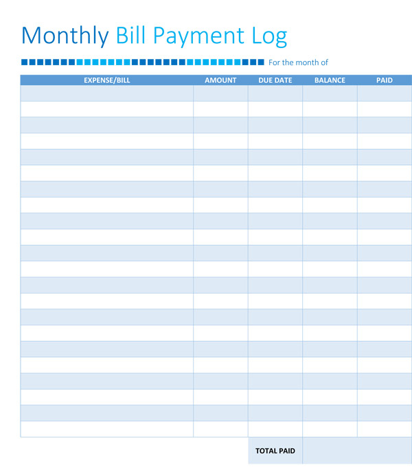 Monthly Bill Template Printable
