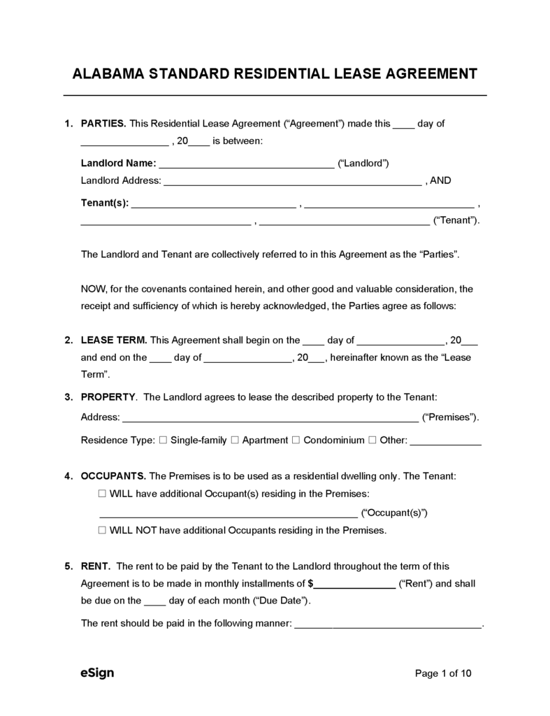 Printable Alabama Residential Lease Agreement Printable Word Searches