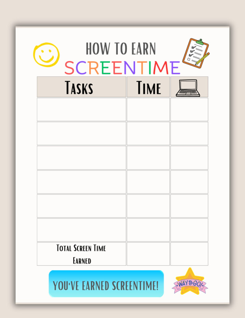 Screen Time Chart Checklist Printable Screen Time Chore Chart Daily 