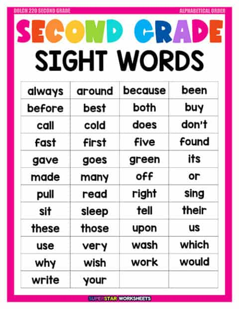 Second Grade Sight Words Superstar Worksheets