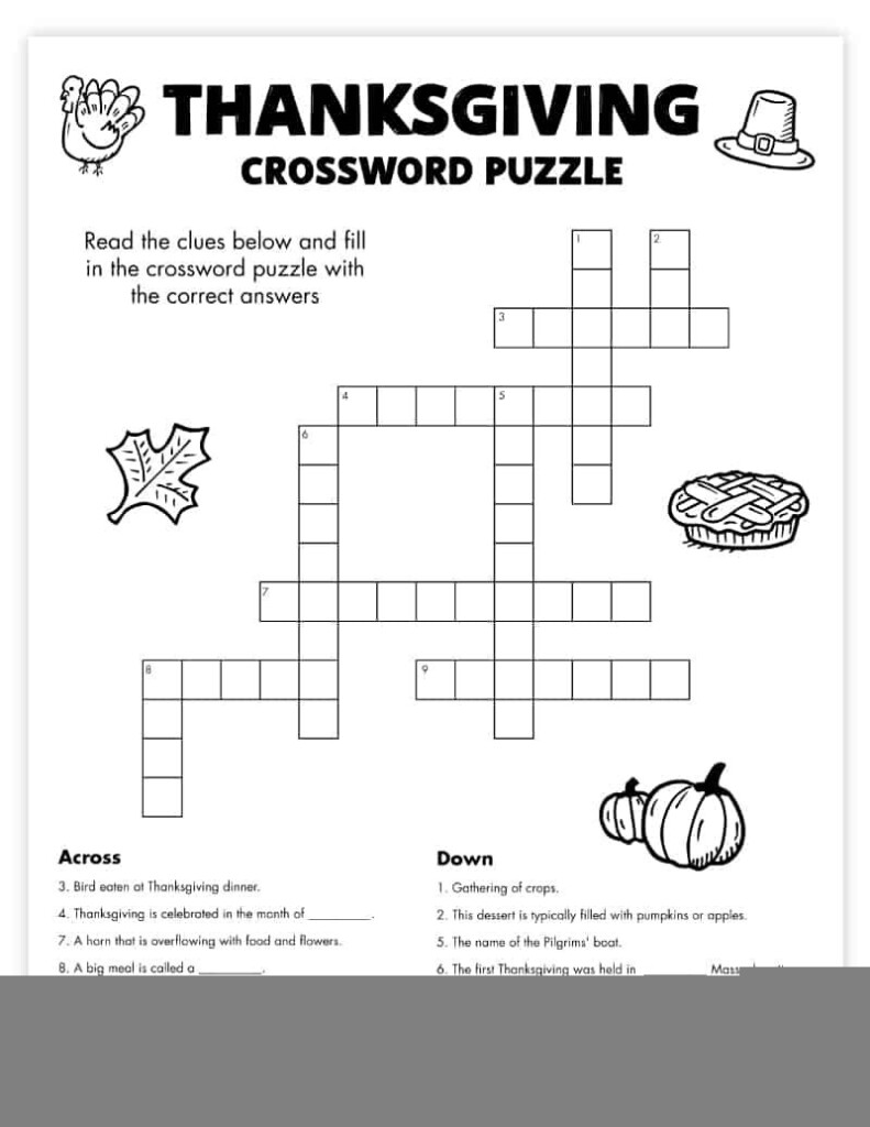 Thanksgiving Crossword Puzzle Free Printable FREE Printable