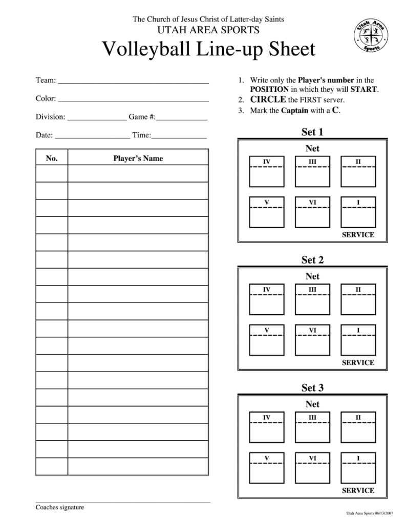 Volleyball Roster And Lineup Sheet Printable Blank PDF Online