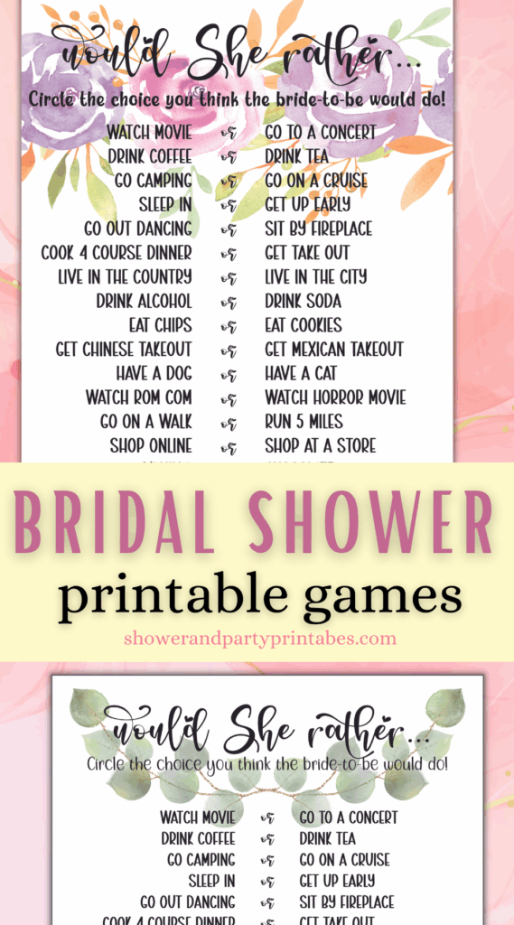 Would She Rather Bridal Shower Game Free Printable Artofit