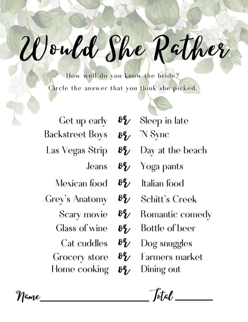 Would She Rather Bridal Shower Game Free Printable Printable Templates